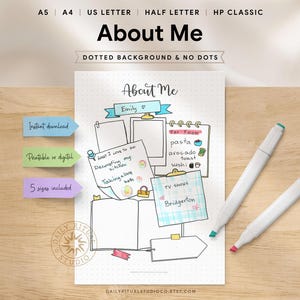 May include: A printable "About Me" template with a dotted background. The design includes space for notes, favourite foods, and TV shows. The text "About Me" is at the top, with the name "Emily" below. Two markers are on the right side of the page.