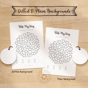 May include: Two white sheets of paper with the text "Rate My Day" and a star chart. One sheet has a dotted background, the other is plain. A banner above reads "Dotted & Plain Backgrounds". A logo for "Daily Ritual Studio" is at the bottom.