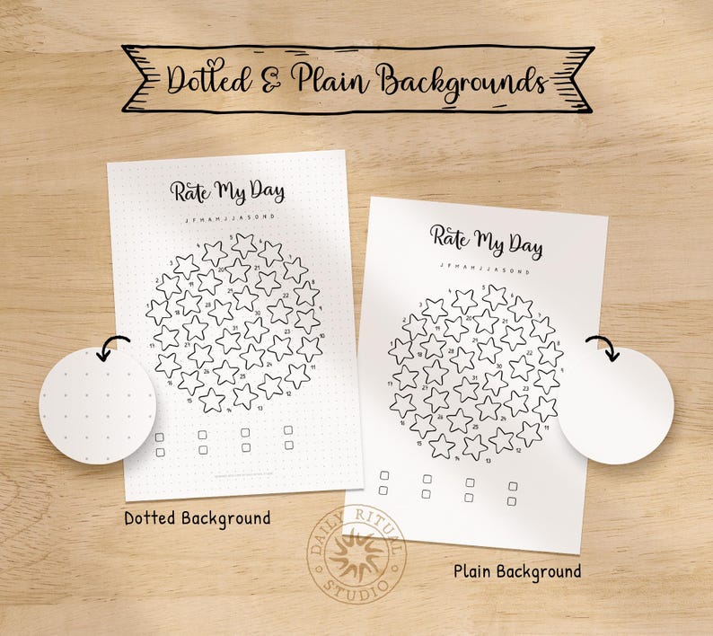 May include: Two white sheets of paper with the text "Rate My Day" and a star chart. One sheet has a dotted background, the other is plain. A banner above reads "Dotted & Plain Backgrounds". A logo for "Daily Ritual Studio" is at the bottom.