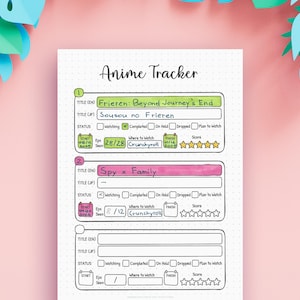 Peut inclure: Une feuille de papier blanche intitulée Anime Tracker avec un motif à points. Elle comporte trois sections pour noter les détails des animes, incluant le titre, le statut, les dates, les épisodes vus, la plateforme et une note sur cinq.