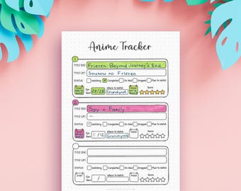 Afdrukbare anime-tracker: logboektitels, afleveringen, score en status, 3 items per pagina