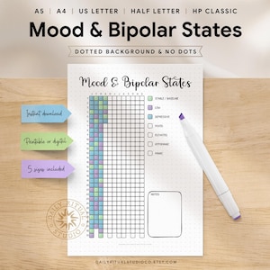 May include: A white printable mood tracker titled "Mood & Bipolar States" with a grid for tracking moods. A white pen with a purple tip rests on the page. Includes the text "Instant download", "Printable or digital", and "5 sizes included".
