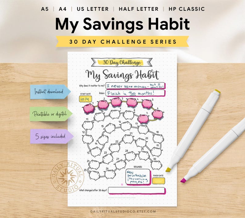 30 Day Savings Challenge Printable — My Savings Habit, Color in a Piggy ...