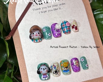 3D Cartoon Press On Nägel - Handgefertigte Kawaii Nail Art