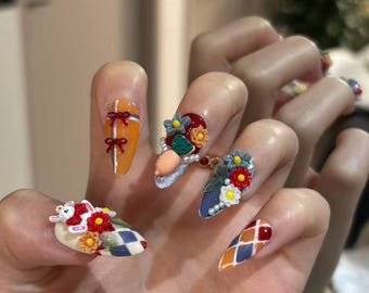 Vintage karierte Häschen-Press-On-Nägel, bunte Gänseblümchen-Mandel-Fake-Nägel, niedliche Cottagecore-Nägel