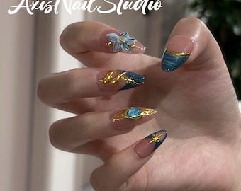 Teal Blau Gold 3D Blume Meerjungfrau Drücken Sie auf die Nägel, Lange Mandel Benutzerdefinierte Ocean Stil