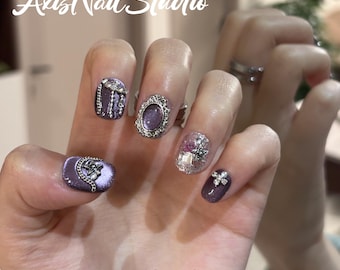 Vintage Lila Spegel Press On Naglar – Cameo & Star Charm Korta Fyrkantiga Lösnaglar