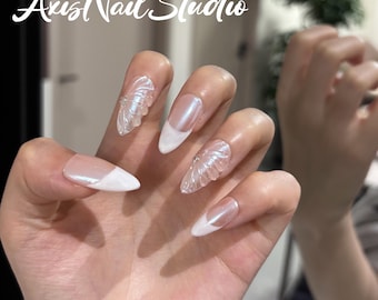 Pearl Shell Flügel Drücken Sie auf die Nägel, milchig Weiß Aurora Cat Eye Slim Almond Braut