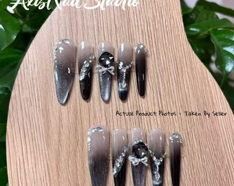 Handgemachte schwarze Ombre-Press-On-Nägel, langes Almond Strass-Glitter-Set