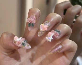 Rotgold Herz Katze Rose Drücken Sie auf die Nägel, 3D Floral Perle Mandel Gefälschte Nägel, Kokette Ästhetische Handgefertigte Nägel