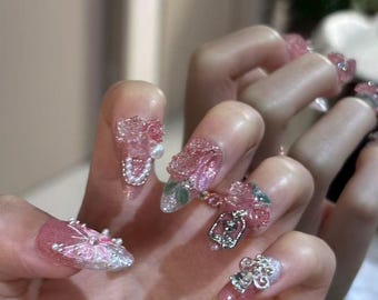 Rosa Glitter Schmetterling Rose Press On Nails, Barock Strass Mandel Gefälschte Nägel, Romantische Handgemachte Nägel
