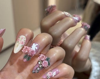 Lavendel Rosa 3D Rose Press On Nägel, Vintage Floral Strass Mandel Gefälschte Nägel, Romantische Barock Handgemachte Nail Art