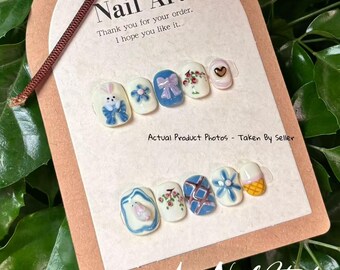 Bunny Doll Drücken Sie auf die Nägel | 3D Schleife Floral Nail Art, Kawaii Stil