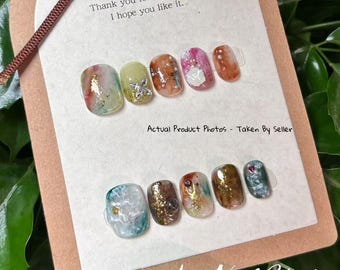 Herbst Marmor Gelee Drücken Sie auf die Nägel | Goldfolie Nailart