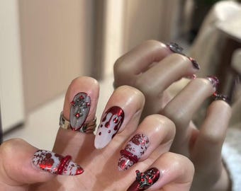 Red Blood Drip Cross Press On Nails, Dark Gothic Almond Fake Nägel, Grunge Metallic Handgemachte Nail Art für alternativen Stil