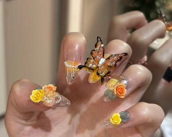 Karamell Orange Transparent Schmetterling Drücken Sie auf die Nägel, 3D Gelb Rose Mandel Gefälschte Nägel, Luxus Fee Handgefertigte Nagelkunst
