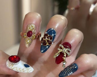 Vintage Rot Blau Gem Press On Nägel, Royal Gold Strass Mandel Gefälschte Nägel, Luxus Barock Nail Art für formelle Anlässe