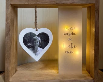 Trauergeschenk personalisiert – Erinnerungsrahmen mit Herz & Bild – handgefertigtes Andenken für Verstorbene