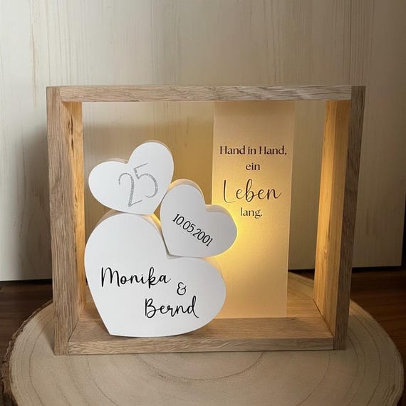 Geschenk zur Silberhochzeit personalisiert – Rahmen mit Namen  Datum – Erinnerung 25 Hochzeitstag mit Licht für Ehepaar