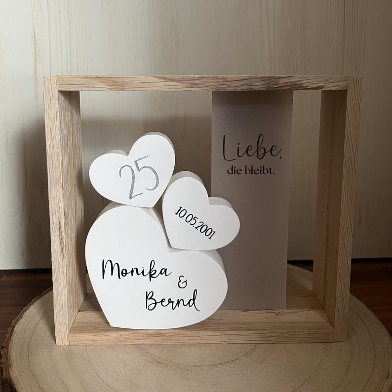 25 Hochzeitstag Geschenk als Bilderrahmen mit Herzen und warmem Licht für Zuhause