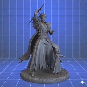 May include: A grey figurine depicting a character with spiky hair, a long coat, and a raised sword. A smaller figure stands nearby, also holding a sword. The figures are on a circular base.