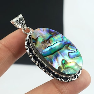 Natural Abalone Shell Pendant 925 Silver Plated, Oval Paua Shell Cabochon Necklace, Iridescent Ocean Jewelry, Boho Statement Gift for Her