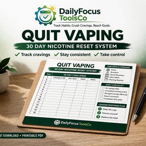 Quit Vaping Planner | 30 Day Nicotine Reset System | Habit Tracker, Craving Log & Daily Discipline Planner | Instant Download PDF