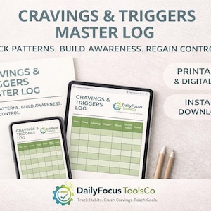 May include: An image featuring a master log for cravings and triggers, displayed on a tablet, smartphone, and a notebook. The log includes sections for tracking patterns, building awareness, and regaining control. The image also includes the text "Printable & Digital PDF" and "Instant Download."