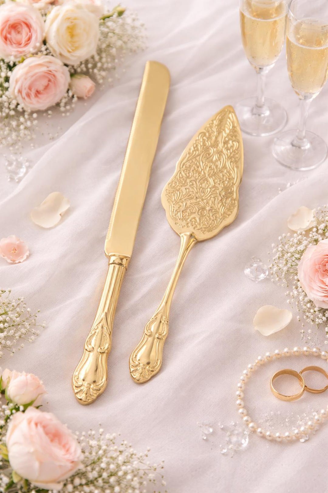 Engraved Gold Wedding Cake Knife & Server Set, Personalized Bridal Accessories
