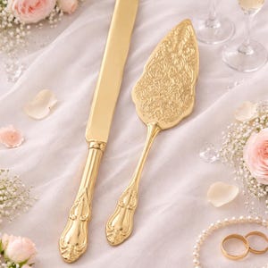 Engraved Gold Wedding Cake Knife & Server Set, Personalized Bridal Accessories