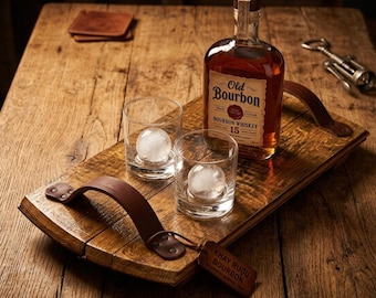 Rustic Bourbon Barrel Tray, Farmhouse Wooden Serving Tray, Whiskey Barrel Decor Gift