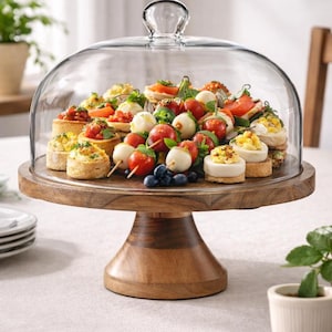 Rustic Wooden Cake Stand with Glass Cover, 4-in-1 Serving Platter for Cakes, Cheese & Appetizers