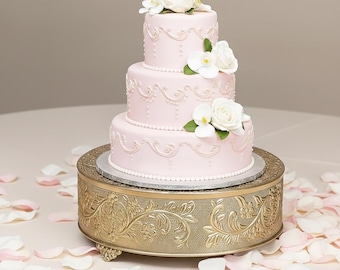 Gold Metal Cake Stand 14 Inch, Embossed Floral Dessert Display, Luxury Wedding Cake Riser