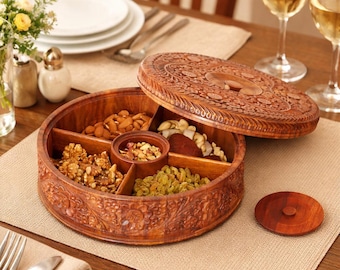 Wooden Masala Box with Lid, Rosewood Indian Spice Box, Traditional Kitchen Storage