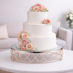 May include: A three-tiered white cake decorated with pink and peach roses and baby's breath. The cake sits on a gold-colored metal cake stand with a glass top. The stand has a diamond pattern design.