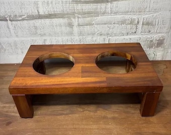 Natural Wood Pet Bowl Holder | Raised Dog Cat Feeder with Dual Cutouts