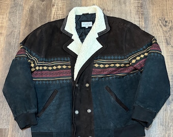 Vintage aztec suede leather Sherpa bomber style jacket.size XL