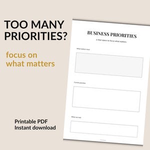 Könnte beinhalten: Ein weißes Planungsblatt für Geschäftsprioritäten mit schwarzem Text Business Priorities und a clear space to focus what matters. Es enthält drei rechteckige Abschnitte mit den Beschriftungen What matters most, Current priorities und What can wait.