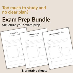 Könnte beinhalten: Ein Exam Prep Bundle mit drei bedruckbaren Blättern: Exam Prep, Study Planner und Homework Tracker. Der Text auf dem Bild lautet: „Zu viel zu lernen und kein klarer Plan?“ und „Strukturieren Sie Ihre Prüfungsvorbereitung“. Das Bundle enthält 8 bedruckbare Blätter.