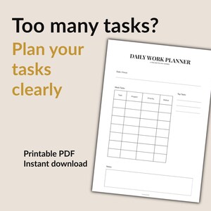 Könnte beinhalten: Ein weißes Daily Work Planner-Blatt mit einem Raster für Aufgaben, Projekte, Priorität und Status. Der Text oben lautet: "Zu viele Aufgaben? Planen Sie Ihre Aufgaben klar." Darunter steht "Druckbares PDF Sofort-Download".