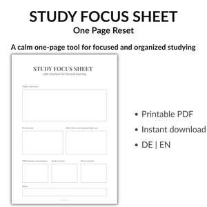 Könnte beinhalten: Ein weißes, druckbares PDF-Studienblatt mit dem Titel "STUDY FOCUS SHEET" und dem Untertitel "calm structure for focused learning". Das Blatt enthält Abschnitte für Aufgaben, Notizen und Fragen. Der Text "One Page Reset" ist ebenfalls sichtbar.