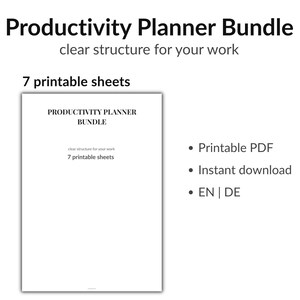 Könnte beinhalten: Ein weißer digitaler Download mit dem Titel "Productivity Planner Bundle" mit dem Text "clear structure for your work" und "7 printable sheets." Zusätzlicher Text enthält "Printable PDF", "Instant download" und "EN | DE."