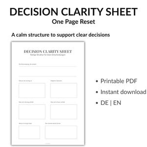 Könnte beinhalten: Ein druckbares PDF-Entscheidungsklärungsblatt mit dem Titel "DECISION CLARITY SHEET" und dem Untertitel "One Page Reset". Es bietet eine ruhige Struktur zur Unterstützung klarer Entscheidungen. Sofortiger Download verfügbar.