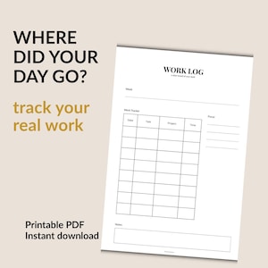 Könnte beinhalten: Ein weißes, ausdruckbares Arbeitslogbuch-Dokument mit dem Text WHERE DID YOUR DAY GO? track your real work. Das Dokument enthält eine Überschrift WORK LOG, ein Feld für die Woche und eine Arbeitstracker-Tabelle mit Spalten für Datum, Aufgabe, Projekt und Zeit.