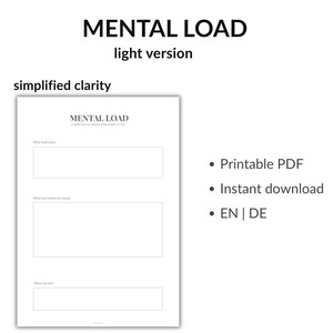 Puede incluir: Un PDF imprimible blanco con el texto "MENTAL LOAD" y avisos para organizar los pensamientos. El documento está etiquetado como "light version" e incluye las frases "simplified clarity", "Printable PDF" y "Instant download".