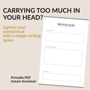 May include: A white printable PDF document titled MENTAL LOAD with three rectangular writing sections labeled What feels heavy, What truly needs my energy, and What can wait. The text CARRYING TOO MUCH IN YOUR HEAD? Lighten your mental load with a simple writing space. Printable PDF Instant download is visible.