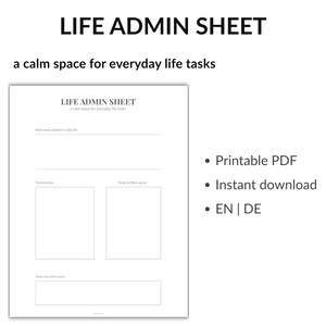 Könnte beinhalten: Ein druckbares PDF mit dem Titel "LIFE ADMIN SHEET" und dem Slogan "ein ruhiger Raum für alltägliche Aufgaben". Das Blatt enthält Abschnitte für tägliche Aufgaben und Nachverfolgungen. Sofortiger Download.
