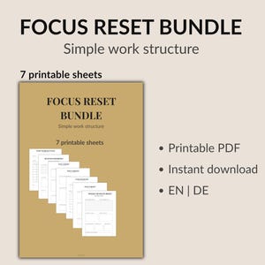 Focus Reset Bundle Printable, Productivity Planner PDF, Task Planner, Work Planner, Minimal Focus System