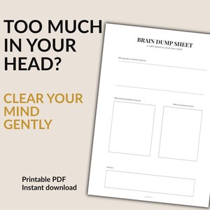 May include: A printable PDF brain dump sheet with the text "Brain Dump Sheet" and "a calm space to clear your mind." The sheet includes sections for notes and prompts. The image also includes the text "Too much in your head? Clear your mind gently."