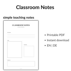 Könnte beinhalten: Eine druckbare PDF-Vorlage für Klassennotizen mit dem Titel "Classroom Notes" und dem Text "simple teaching notes". Die Vorlage enthält Abschnitte für Klasse/Datum, Notizen, wichtige Punkte und Nachverfolgung. Sofortiger Download.